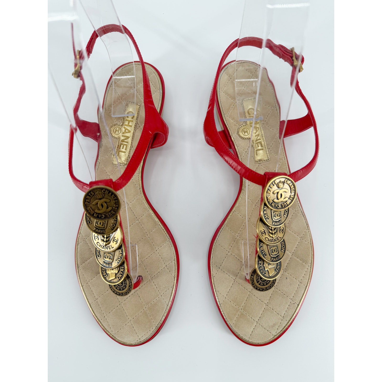 Chanel Red Leather Coin Embellished Thong Sandals Quilted Cc Logo Flats 36